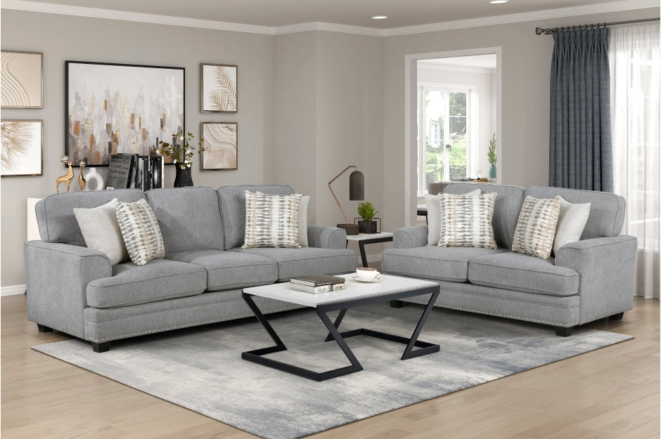 Homelegance Bradford Grey Chenille Sofa and Love Seat Set with Set-Back Arms – 9648GY-2PC