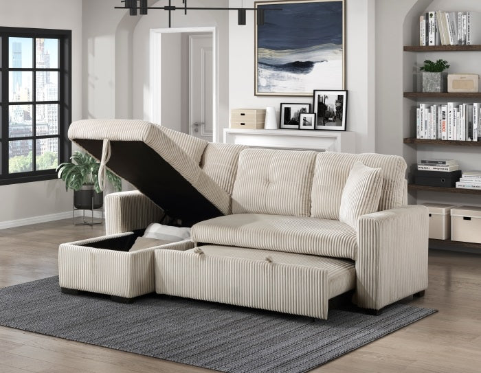 Homelegance 9649BE-SC 2 pc Rhett beige corduroy fabric sectional sofa reversible storage chaise and pop up sleep area
