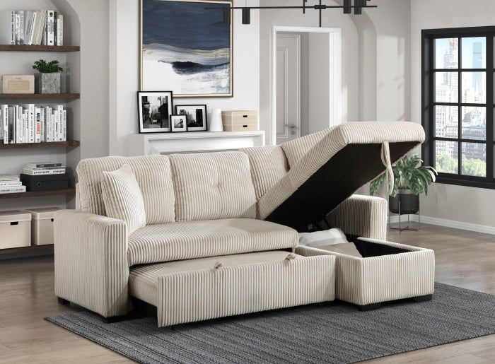 Homelegance 9649BE-SC 2 pc Rhett beige corduroy fabric sectional sofa reversible storage chaise and pop up sleep area