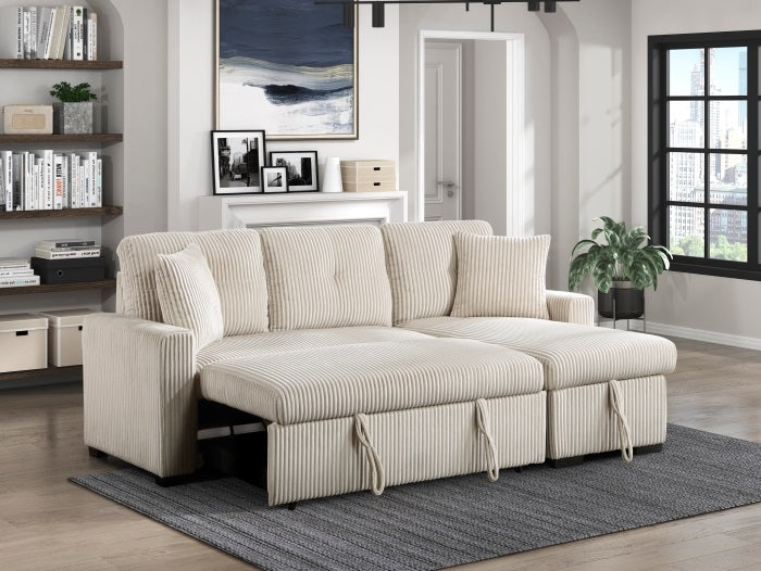 Homelegance 9649BE-SC 2 pc Rhett beige corduroy fabric sectional sofa reversible storage chaise and pop up sleep area