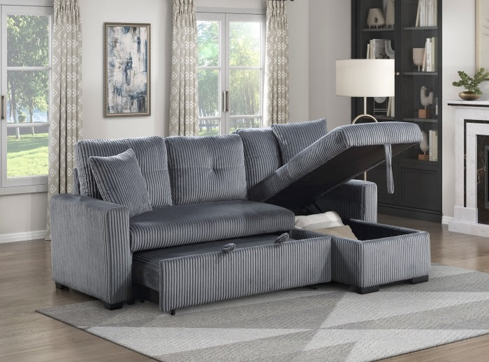 Homelegance 9649DG-SC 2 pc Rhett dark gray corduroy fabric sectional sofa reversible storage chaise and pop up sleep area