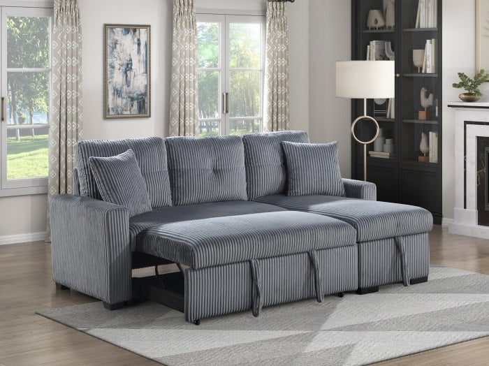 Homelegance 9649DG-SC 2 pc Rhett dark gray corduroy fabric sectional sofa reversible storage chaise and pop up sleep area