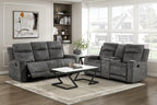9635DG-2PC 2 pc Muncie dark grey textured microfiber motion sofa and love seat set cup holder console