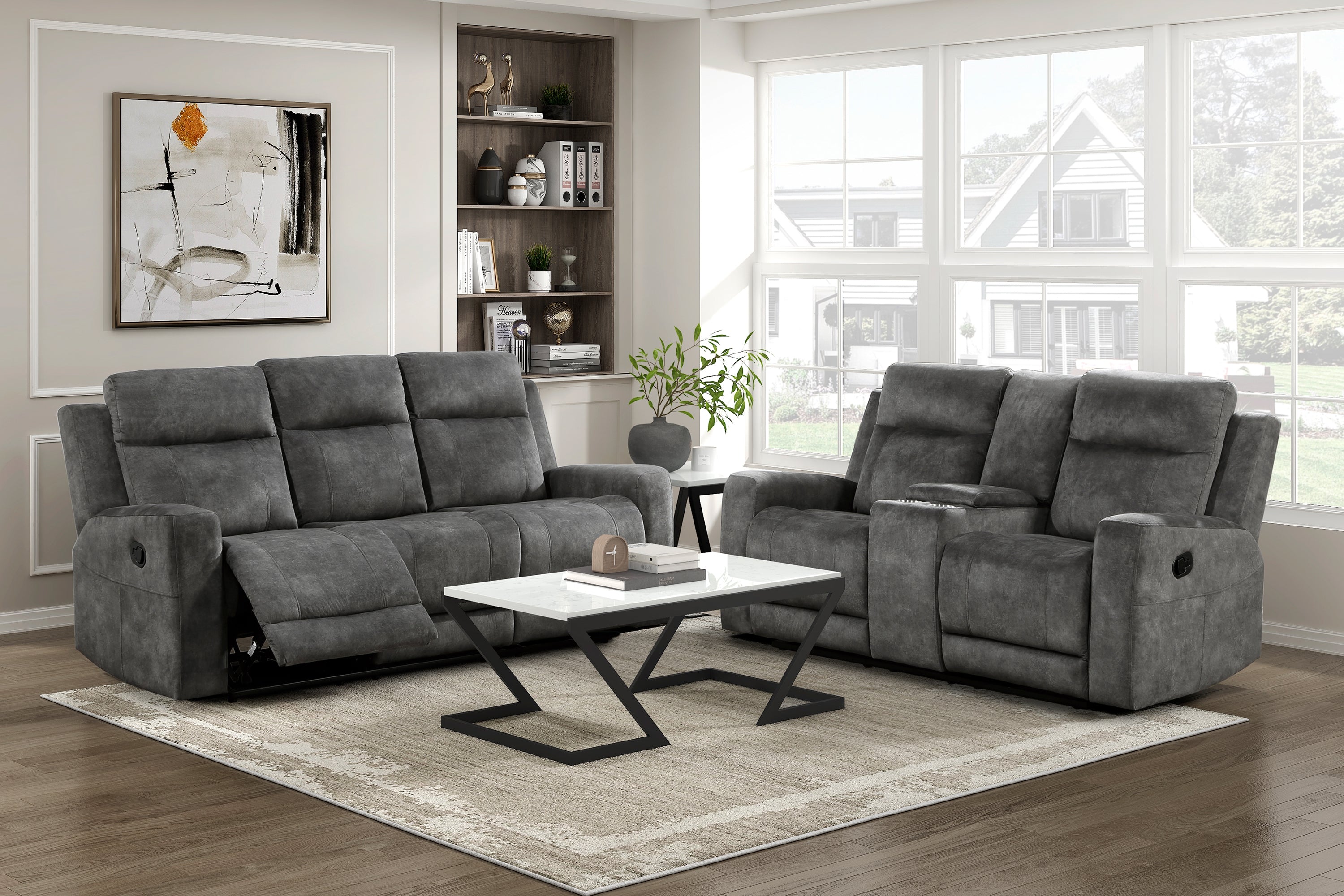 9635DG-2PC 2 pc Muncie dark grey textured microfiber motion sofa and love seat set cup holder console