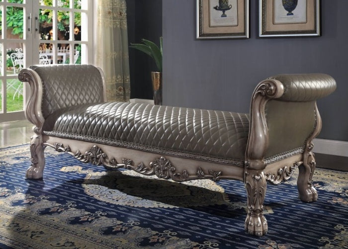 Acme 96590 Dresden vintage bone finish wood faux leather button tufted bedroom entry bench