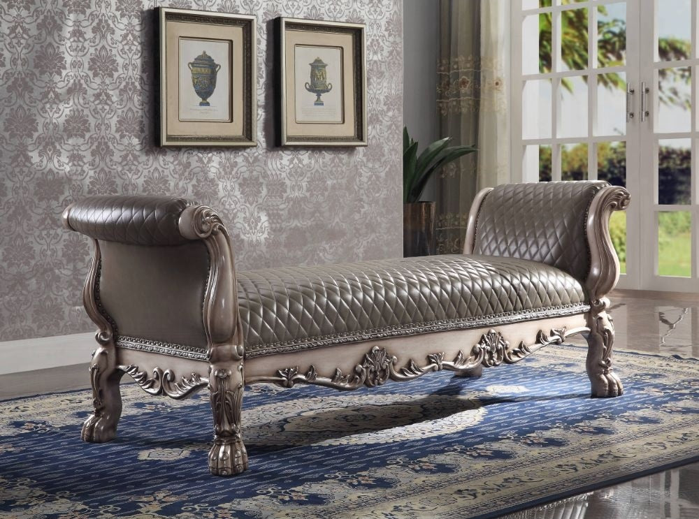 Acme 96590 Dresden vintage bone finish wood faux leather button tufted bedroom entry bench