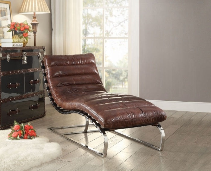 Acme 96670 Qortini vintage dark brown top grain leather accent chaise lounge with stainless steel finish frame
