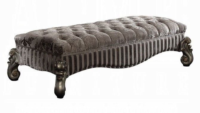 Acme 96820  Versailles antique platinum finish wood floral and striped patterned fabric bedroom entry bench