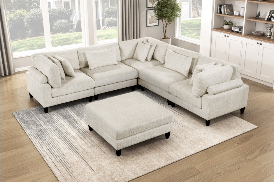 Homelegance 9688NBE-63CR2ACOT  6 pc Robstown beige textured microfiber fabric modular sectional sofa with ottoman and wood legs