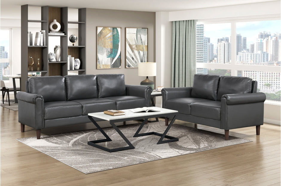 Homelegance 9690DGY-SL 2 pc Hector dark grey faux leather sofa and love seat set rounded arms