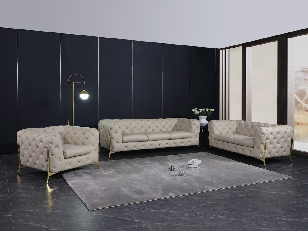 Global United 970BG-2PC 2 pc Divanitalia modern style beige genuine leather sofa and love seat set all over tufting