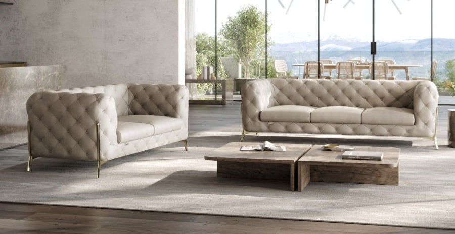 Global United 970BG-2PC 2 pc Divanitalia modern style beige genuine leather sofa and love seat set all over tufting