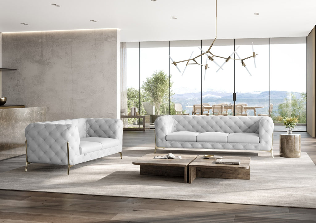 Global United 970WH-2PC 2 pc Divanitalia modern style white genuine leather sofa and love seat set all over tufting