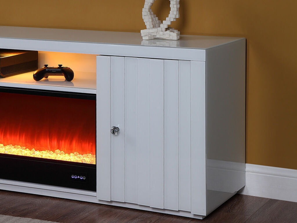 97022 Reid 70.5" wide high gloss white finish wood electric fireplace with color change LED and built in speakers
