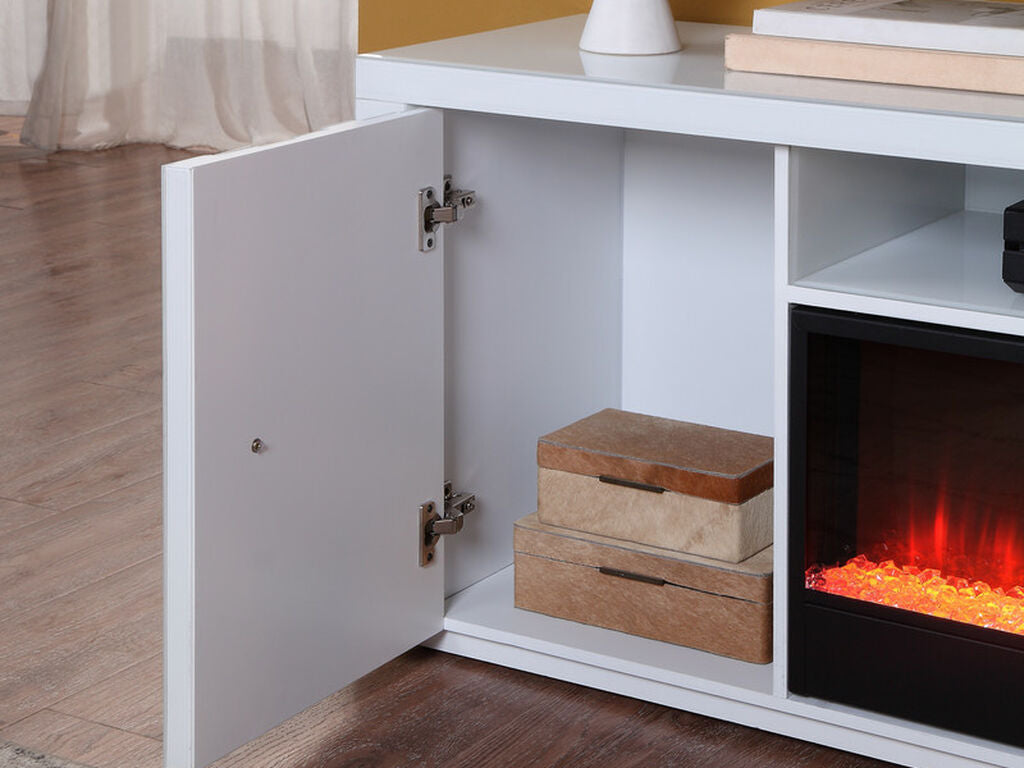 97022 Reid 70.5" wide high gloss white finish wood electric fireplace with color change LED and built in speakers
