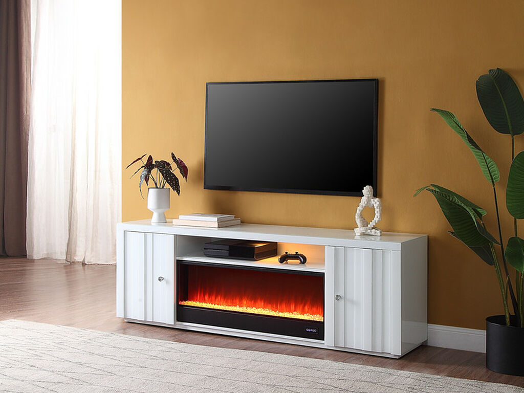 97022 Reid 70.5" wide high gloss white finish wood electric fireplace with color change LED and built in speakers