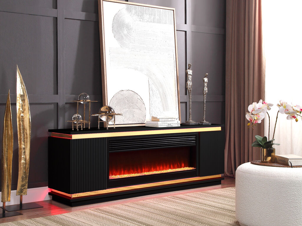 97024BK Tristan 70.5" wide high gloss black finish wood gold trim electric fireplace with color change LED and built in speakers