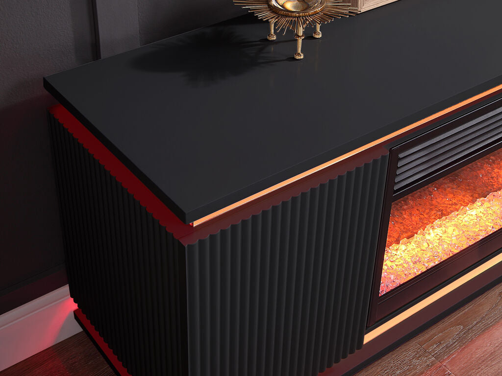 97024BK Tristan 70.5" wide high gloss black finish wood gold trim electric fireplace with color change LED and built in speakers