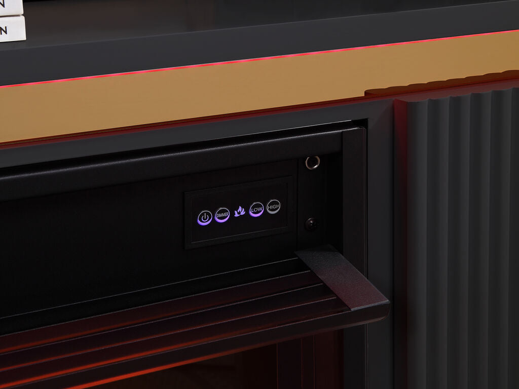 97024BK Tristan 70.5" wide high gloss black finish wood gold trim electric fireplace with color change LED and built in speakers