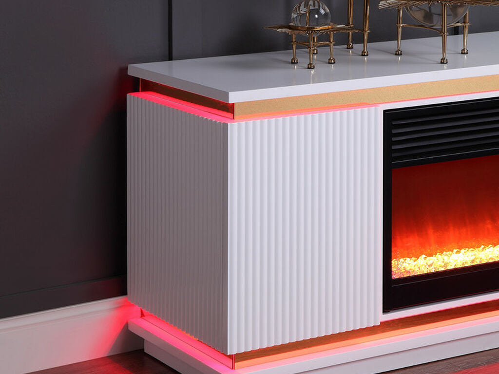 97024 Tristan 70.5" wide high gloss white finish wood gold trim electric fireplace with color change LED and built in speakers