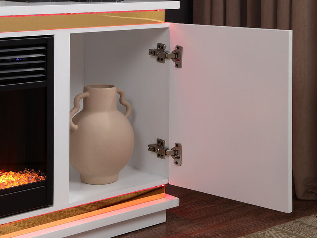 97024 Tristan 70.5" wide high gloss white finish wood gold trim electric fireplace with color change LED and built in speakers