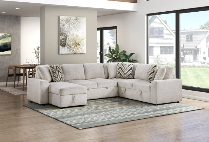Homelegance 9702BE-3LC3R 3 pc Myrtle beige chenille fabric sectional sofa pop up sleep area storage chaise and love seat