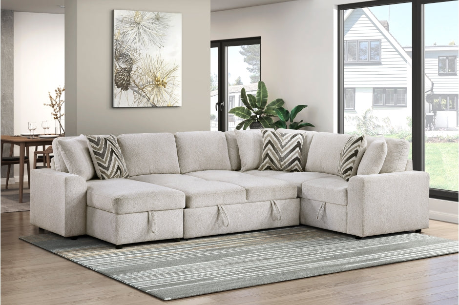 Homelegance 9702BE-3LC3R 3 pc Myrtle beige chenille fabric sectional sofa pop up sleep area storage chaise and love seat