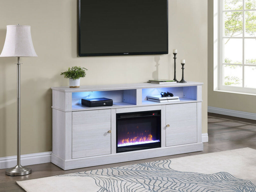 97031 Lucifer 70" wide white walnut finish wood LED accents electric fireplace with color change LED