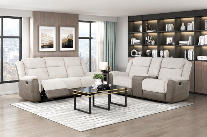 Homelegance 9703BE-2PC 2 pc Harriette two tone beige fabric upholstered double reclining sofa and love seat set with console