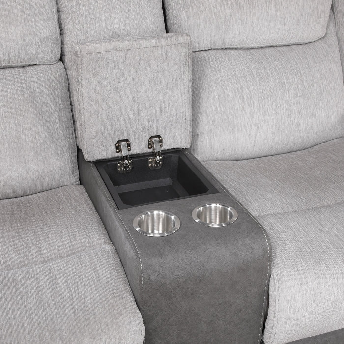 Homelegance 9703GY-2PC 2 pc Harriette two tone grey fabric upholstered double reclining sofa and love seat set with console