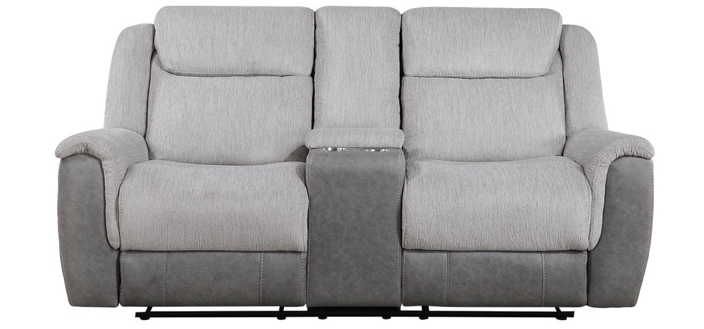 Homelegance 9703GY-2PC 2 pc Harriette two tone grey fabric upholstered double reclining sofa and love seat set with console