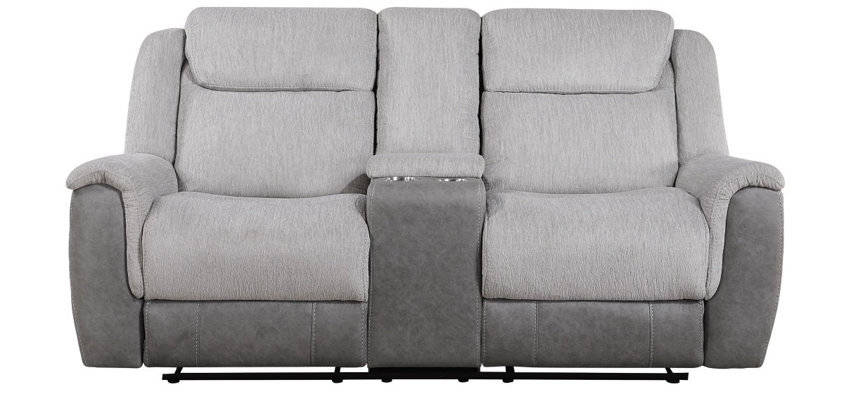 Homelegance 9703GY-2PC 2 pc Harriette two tone grey fabric upholstered double reclining sofa and love seat set with console
