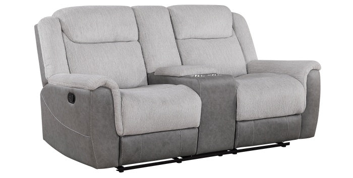 Homelegance 9703GY-2PC 2 pc Harriette two tone grey fabric upholstered double reclining sofa and love seat set with console