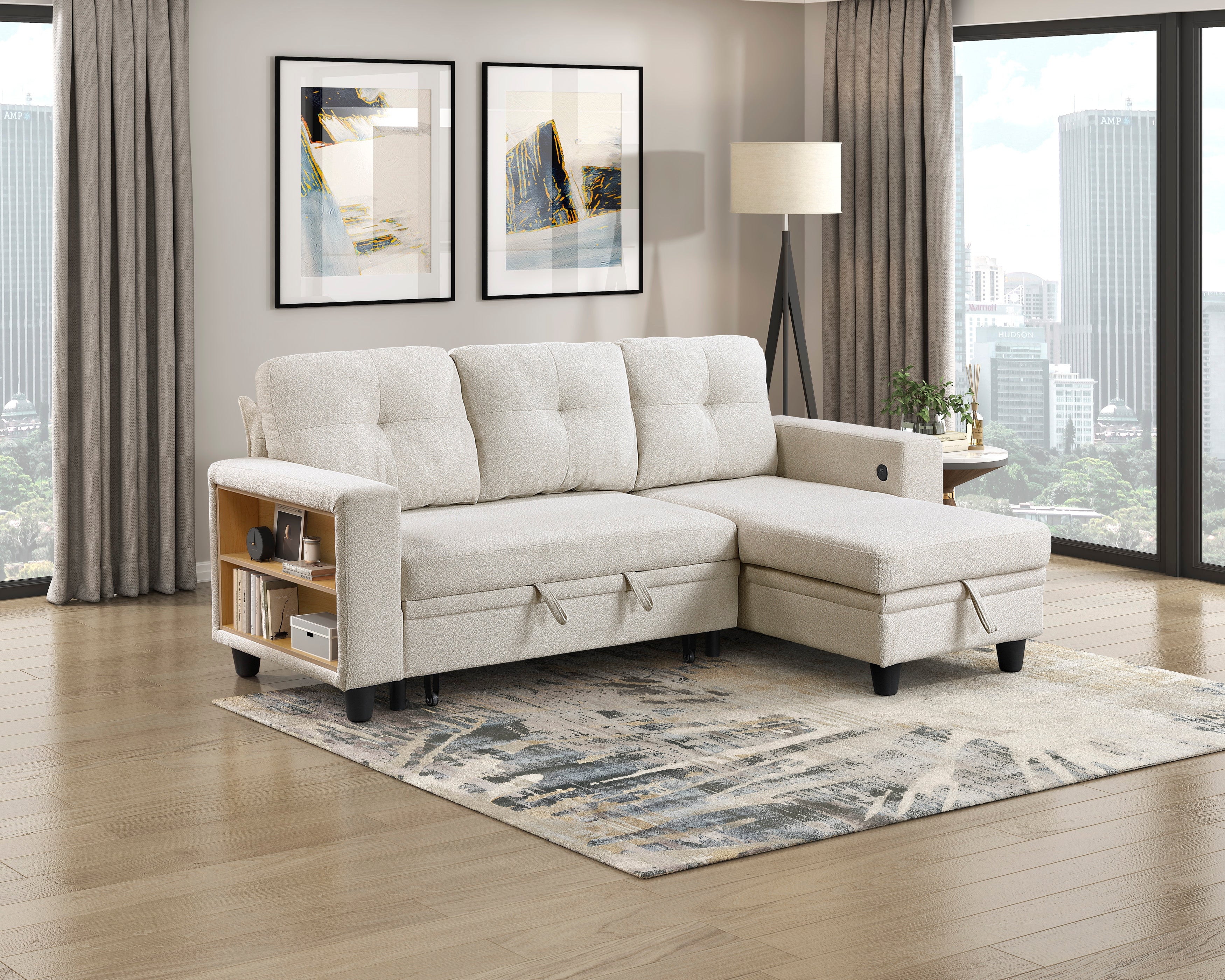 Homelegance 9705BE-32AVC 2 pc Morian beige boucle fabric sectional sofa reversible storage chaise storage arms and pop up sleep area