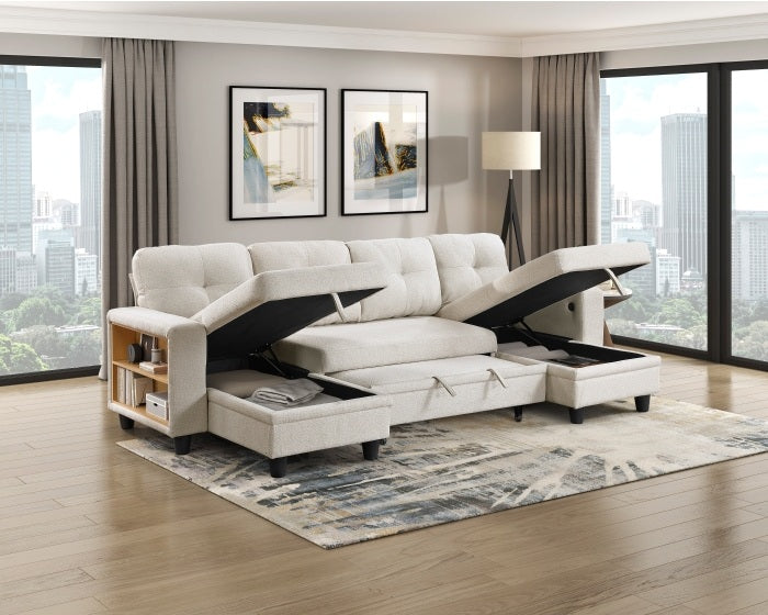 Homelegance 9705BE-42AVC 3 pc Morian beige boucle fabric double chaise sectional sofa storage chaises storage arms and pop up sleep area