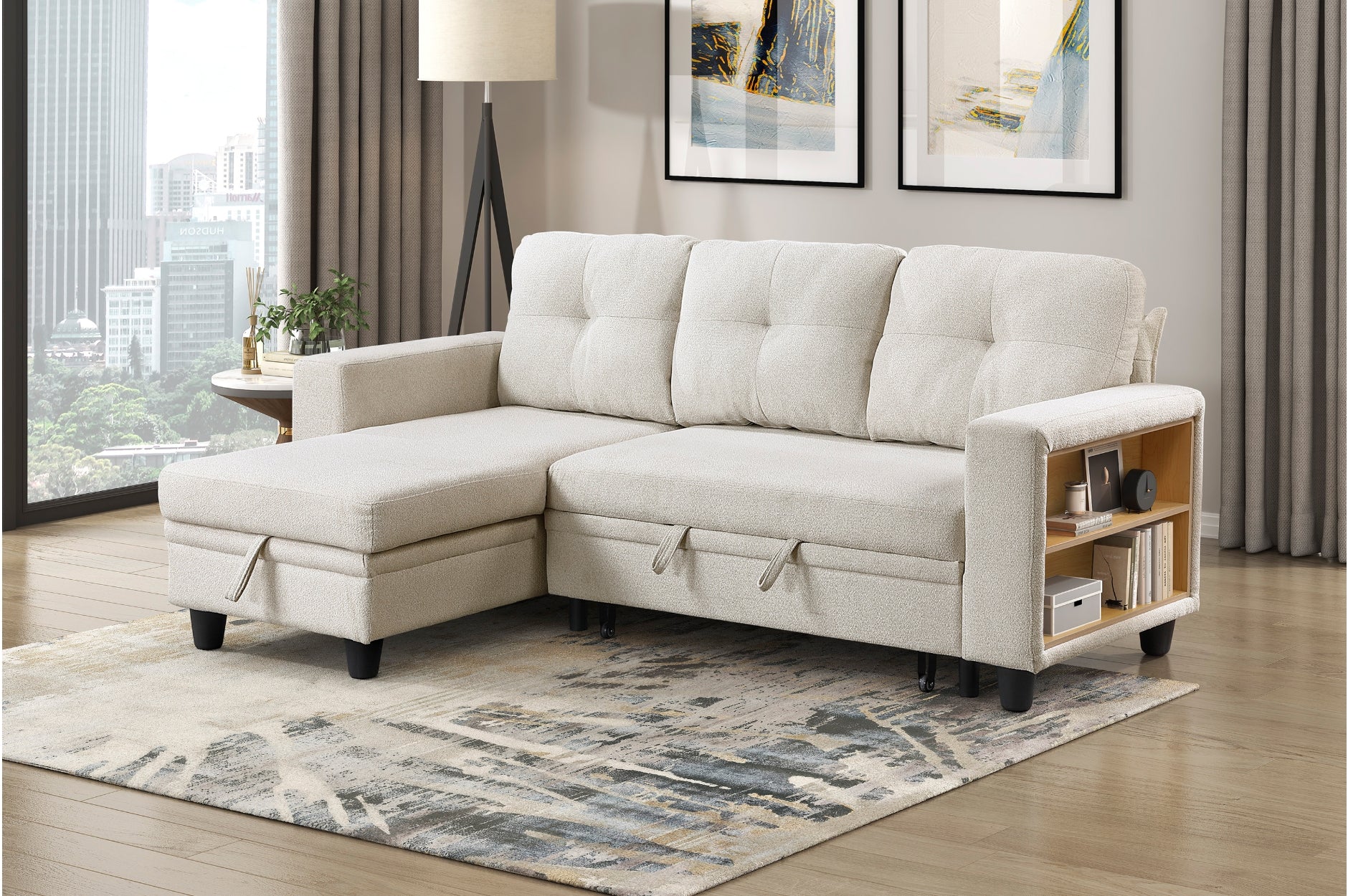 Homelegance 9705BE-32AVC 2 pc Morian beige boucle fabric sectional sofa reversible storage chaise storage arms and pop up sleep area