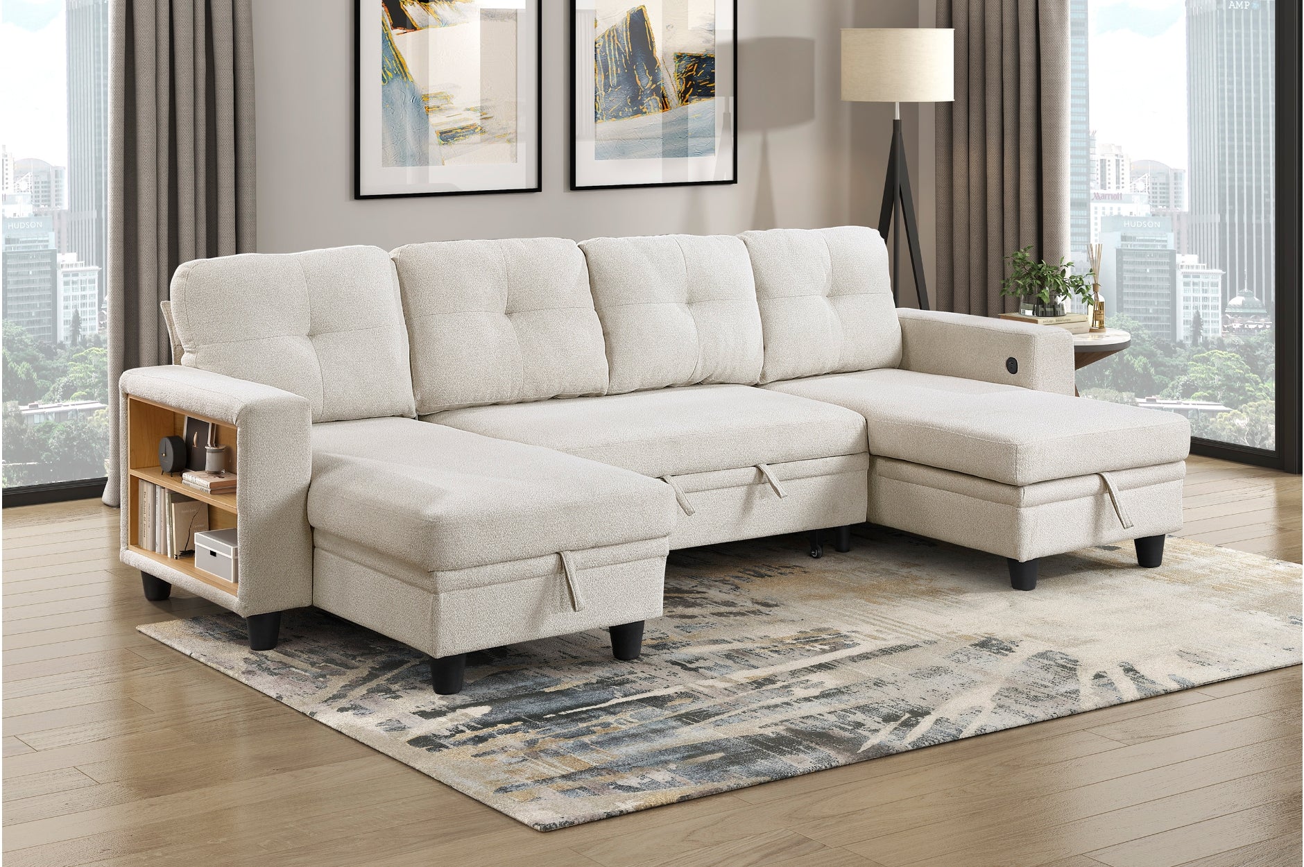 Homelegance 9705BE-42AVC 3 pc Morian beige boucle fabric double chaise sectional sofa storage chaises storage arms and pop up sleep area