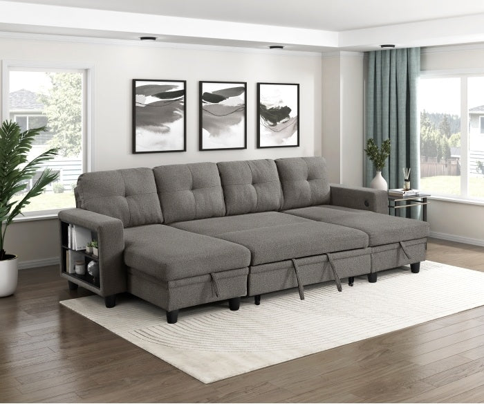 Homelegance 9705DB-42AVC 3 pc Morian dark brown boucle fabric double chaise sectional sofa storage chaises storage arms and pop up sleep area