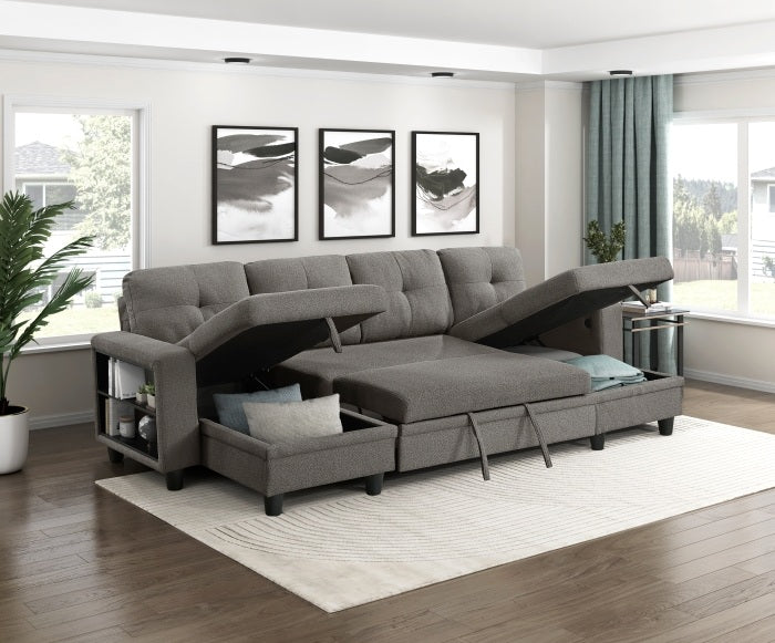 Homelegance 9705DB-42AVC 3 pc Morian dark brown boucle fabric double chaise sectional sofa storage chaises storage arms and pop up sleep area