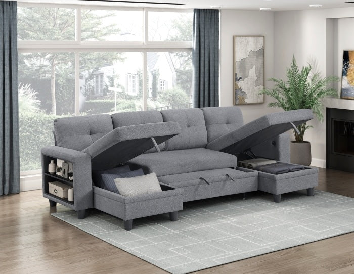 Homelegance 9705GY-42AVC 3 pc Morian grey boucle fabric double chaise sectional sofa storage chaises storage arms and pop up sleep area