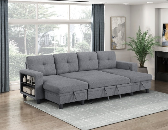Homelegance 9705GY-42AVC 3 pc Morian grey boucle fabric double chaise sectional sofa storage chaises storage arms and pop up sleep area