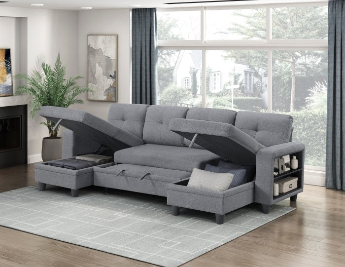Homelegance 9705GY-42AVC 3 pc Morian grey boucle fabric double chaise sectional sofa storage chaises storage arms and pop up sleep area