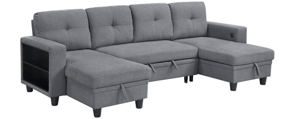 Homelegance 9705GY-42AVC 3 pc Morian grey boucle fabric double chaise sectional sofa storage chaises storage arms and pop up sleep area