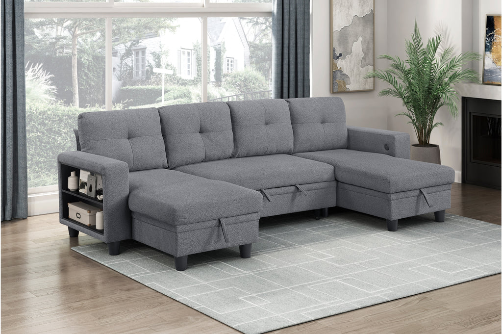 Homelegance 9705GY-42AVC 3 pc Morian grey boucle fabric double chaise sectional sofa storage chaises storage arms and pop up sleep area