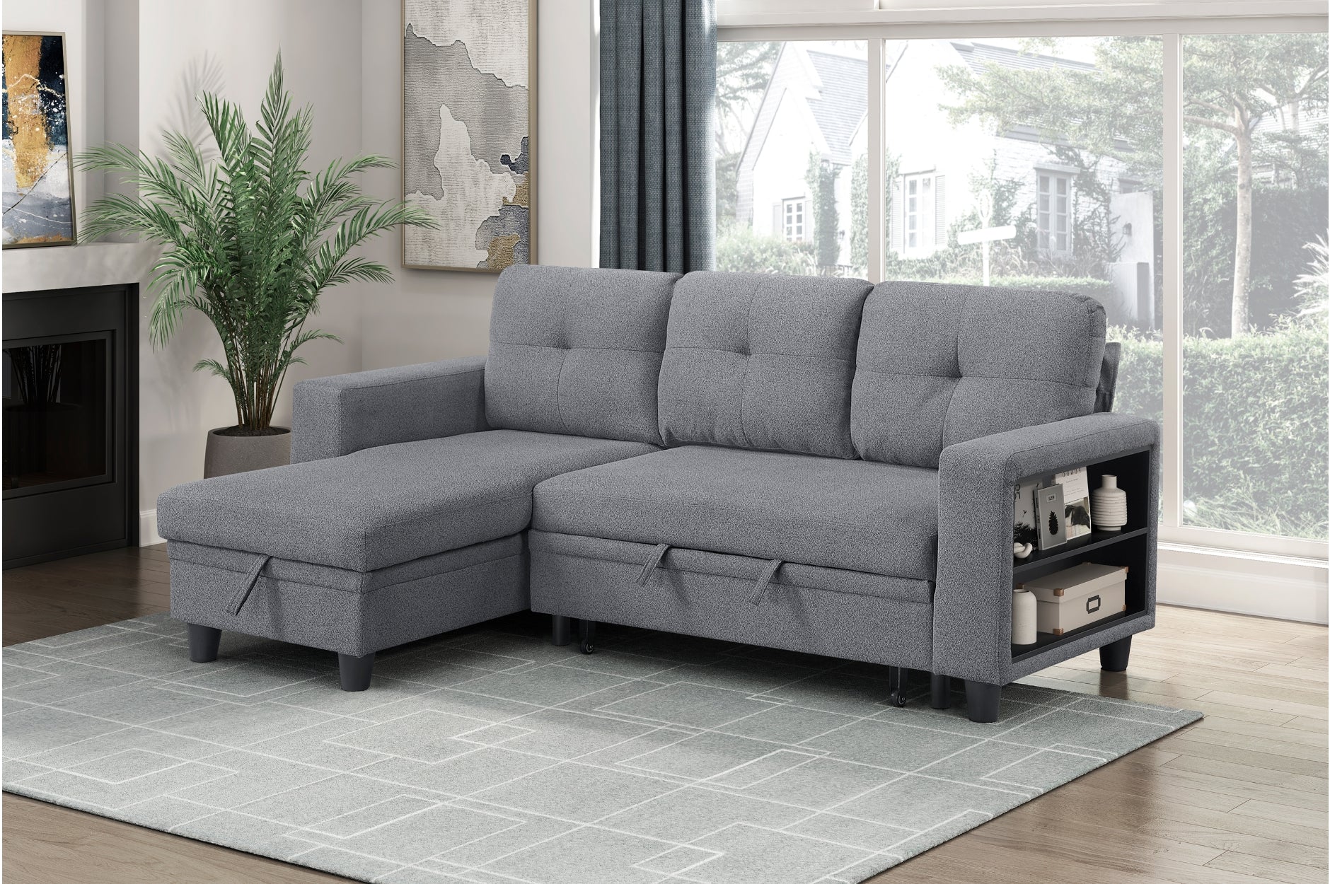 Homelegance 9705GY-32AVC 2 pc Morian grey boucle fabric sectional sofa reversible storage chaise storage arms and pop up sleep area