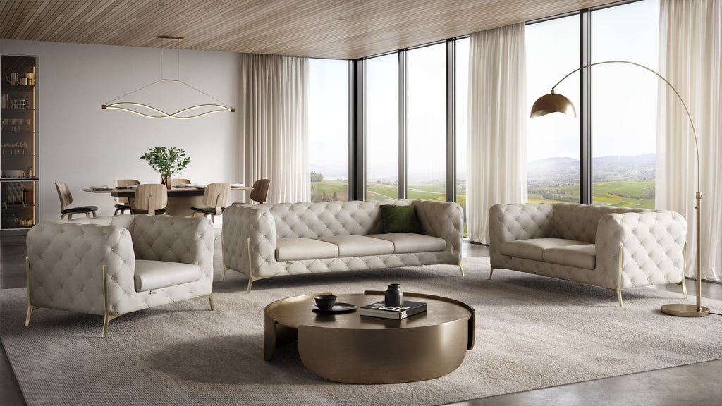 Global United 970BG-2PC 2 pc Divanitalia modern style beige genuine leather sofa and love seat set all over tufting