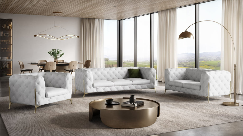 Global United 970WH-2PC 2 pc Divanitalia modern style white genuine leather sofa and love seat set all over tufting