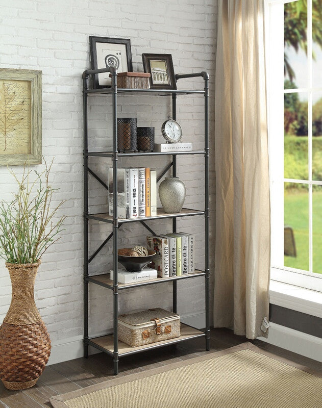 Acme 97164 Itzel antique oak finish wood sandy black metal 5 tier book case shelf unit
