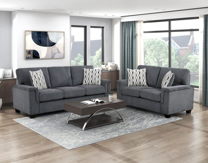 Chelsea Dark Grey Chenille Squared Arm Sofa & Love Seat Set – 9746DG-2PC