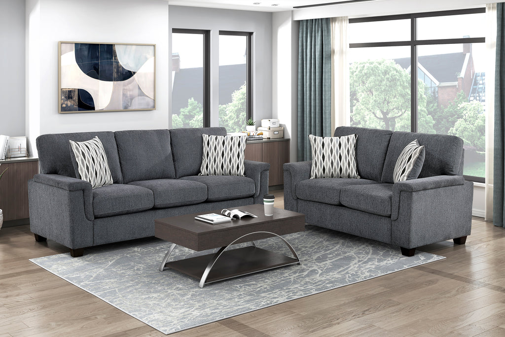 Chelsea Dark Grey Chenille Squared Arm Sofa & Love Seat Set – 9746DG-2PC